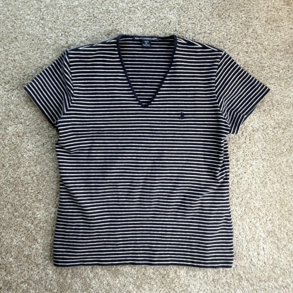 Ralph Lauren Sport Shirt Womens M Blue Striped Cotton V Neck Short Sleeve Top